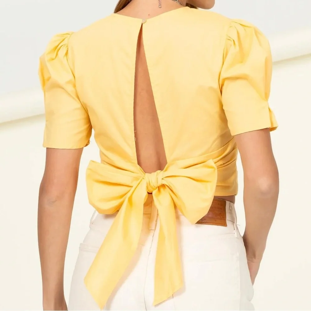Short Sleeve Cross Front Tie Back Crop Top Yellow - Picture 1 of 3